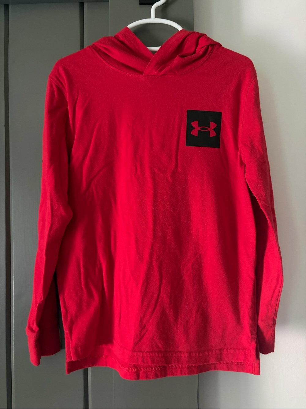 Under Armour Kids Red Hooded Long Sleeve Tee with Black Logo